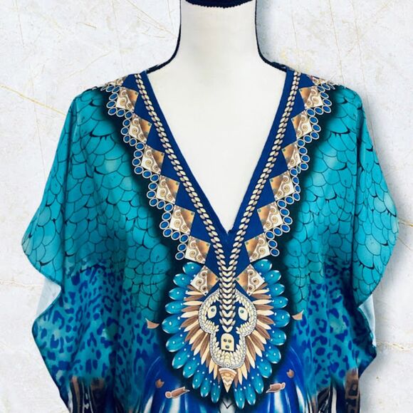 Midnight Velvet Maxi Kaftan Dress in Falling Feathers Blue Multi One Size - Picture 10 of 10